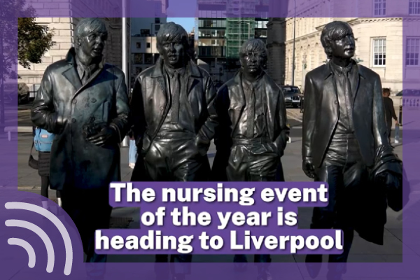 Statue of The Beatles in Liverpool with text overlay reading: 'The nursing event of the year is heading to Liverpool.