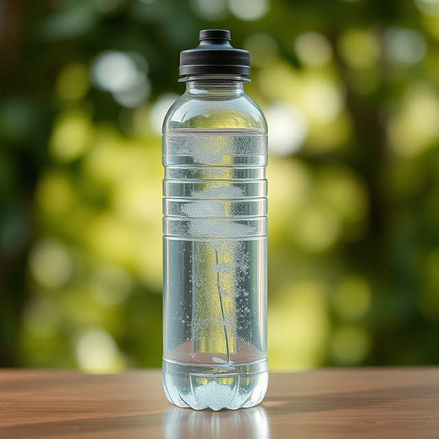 A refillable water bottle sits on a wooden table in front of blurred greenery in the background