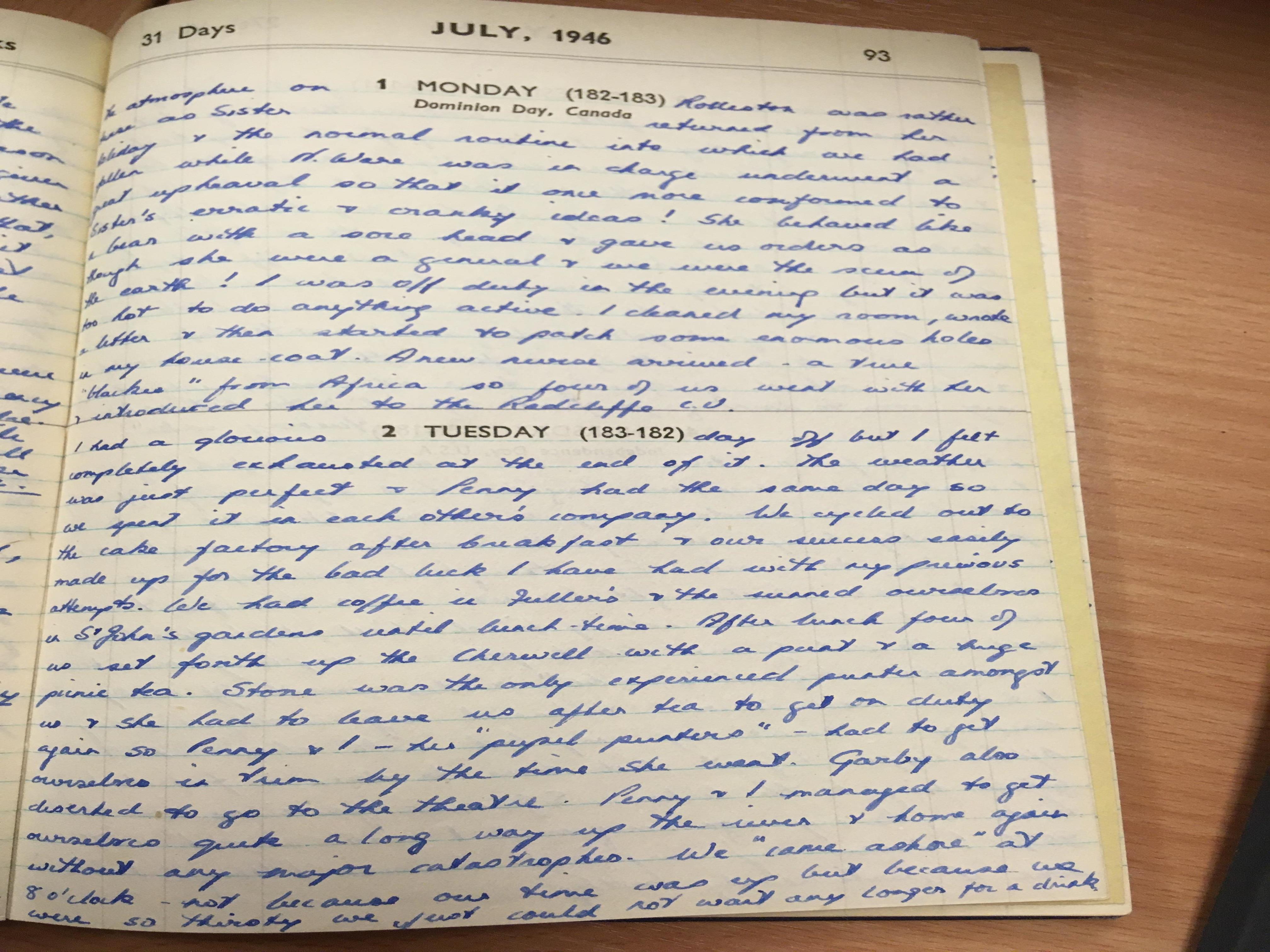 Excerpt from Muriel Hibbert's diary, where she describes the ward sister: "She behaved like a bear with a sore head and gave us orders as though she were a general and we were the scum of the earth”