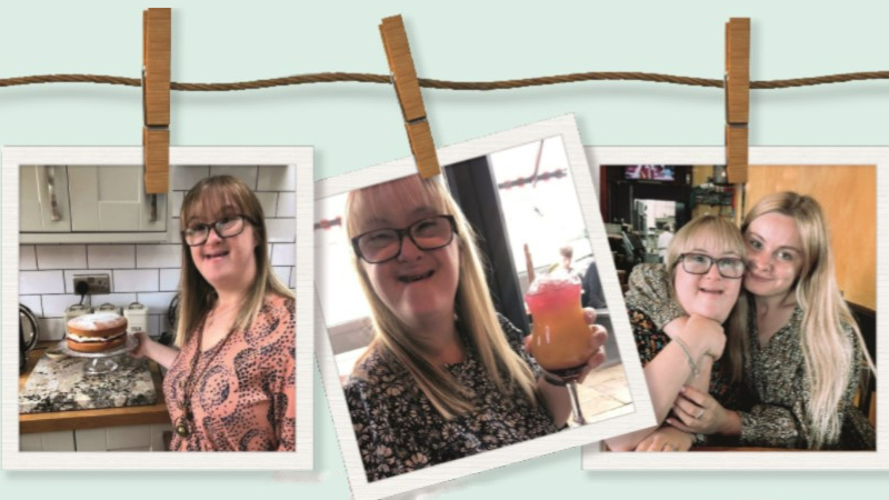 Three colour photograph's showing Sophie cooking, having something to drink and hugging her sister.