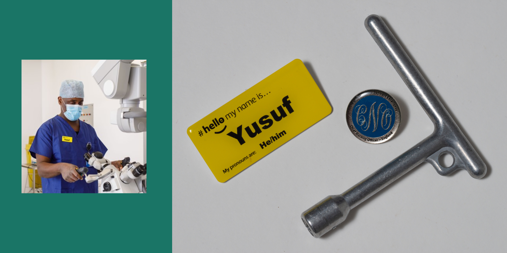 photo of Yusuf and object selection including badges and metal key