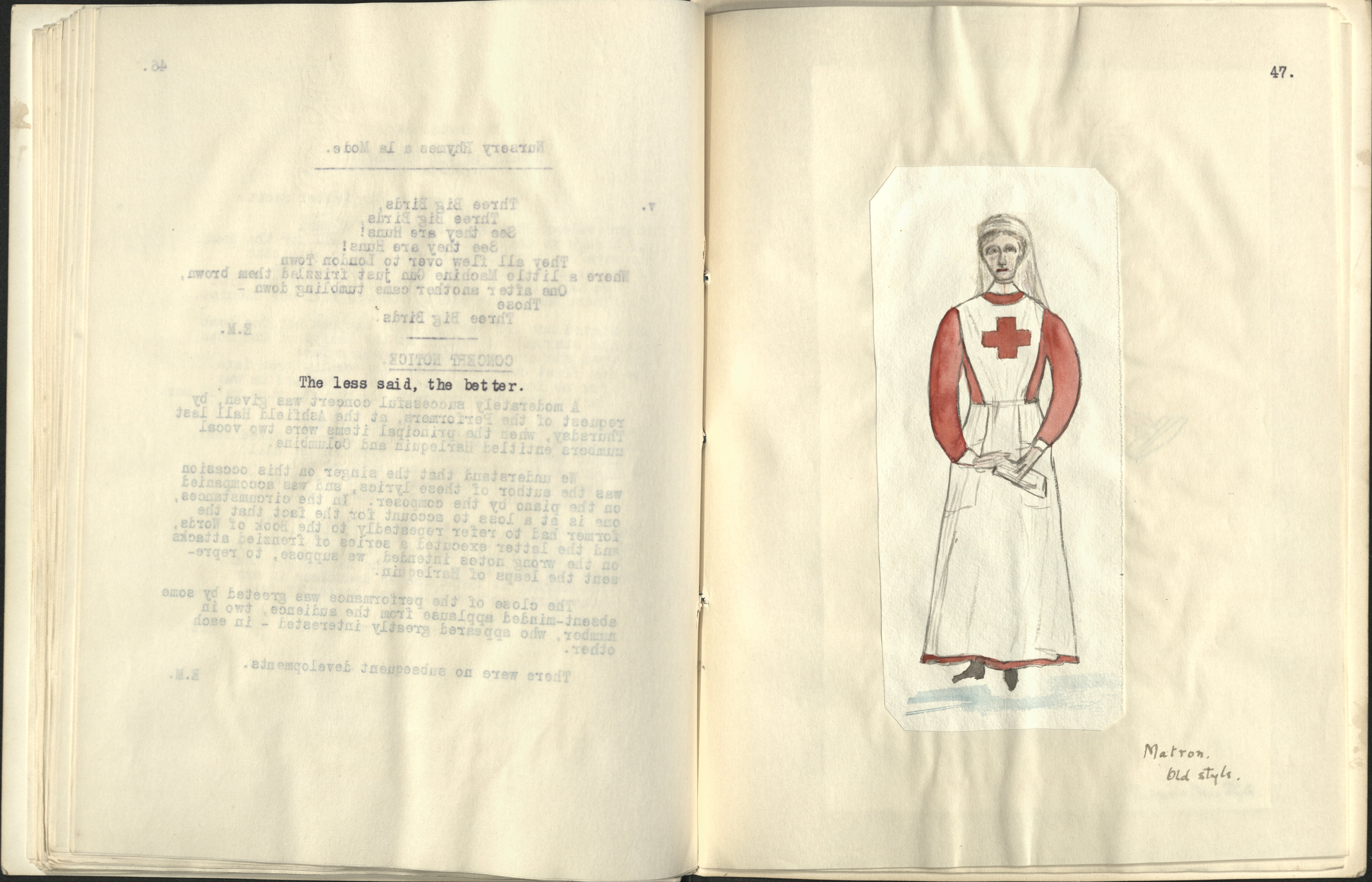 scan showing a drawing of a matron and text reading 'the less said, the better'