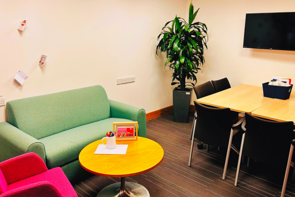 A sofa, coffee table, house plant, and group study desk