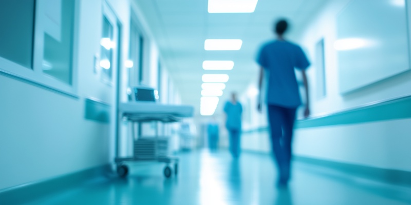 blurred hospital hallway with nurses walking 