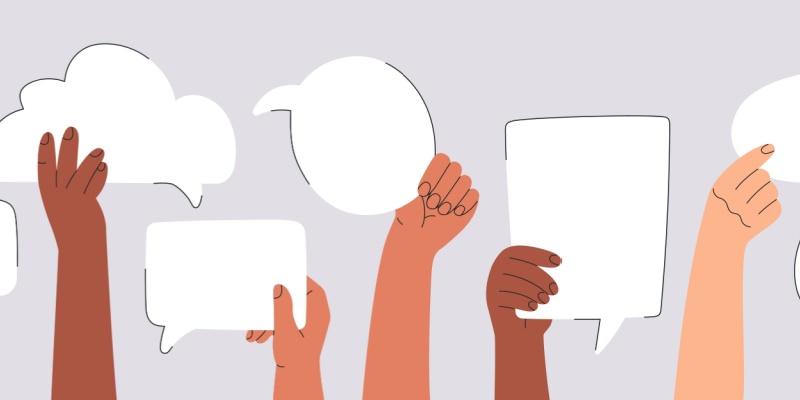 illustrated hands holding up speech bubbles