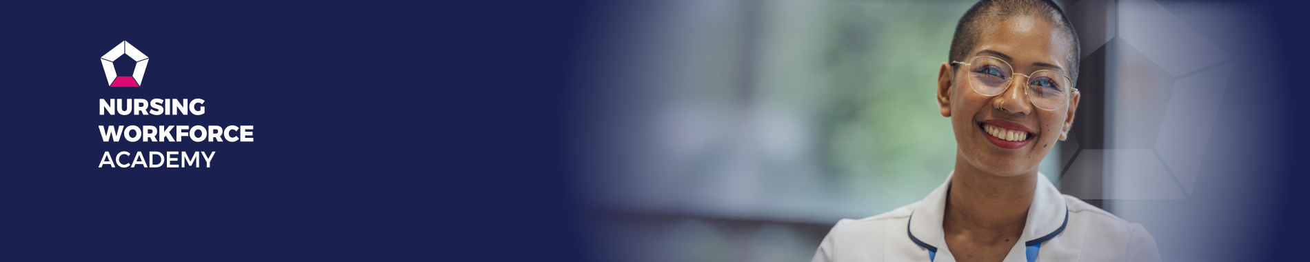 Nursing Workforce Standards final Dark blue banner that reads 'Nursing Workforce Standards' accompanied by the words 'Nursing Workforce Academy' and a white and pink pentagon logo.