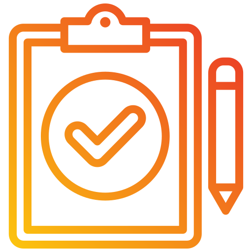 Graphic of a pen and a clipboard with a large tick