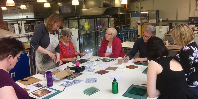 A group of RCN members at a stained glass workshop in the National Glass Centre in Sunderland.