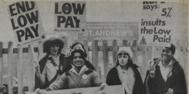 archival image of nurses on a picket line