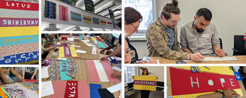 Collage of 7 photos from a banner-making workshop, featuring images of colouring banners with words including 'happiness', 'lotus' and 'awakening' appliqued on them. Some of the images show participants working on or holding up their banners.