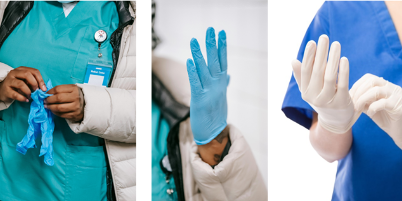 three photos of people putting on medical gloves