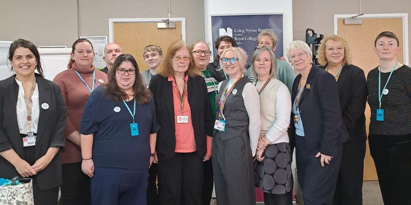 RCN Wales Executive Director Helen Whyley, student members, and politicians at the Senedd