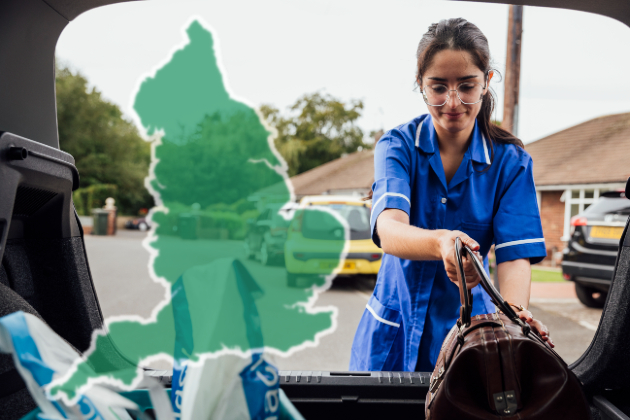 A composite image shows a nurse getting her bag out of the boot of a car, with a map outline of England overlaid next to her. The picture has been taken from inside the car, looking out. The female nurse wears a blue uniform and is parked in a residential street She wears glasses and has dark brown hair.