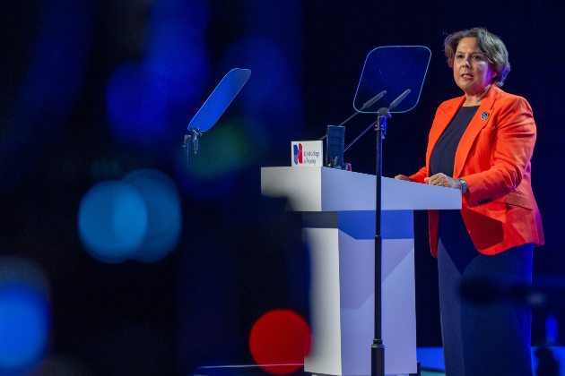 Professor Nicola Ranger delivers her keynote speech at RCN Congress 2026, with a video camera out of focus in the foreground