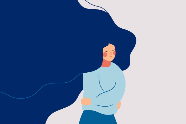 Illustration of woman looking sad with arms around own torso