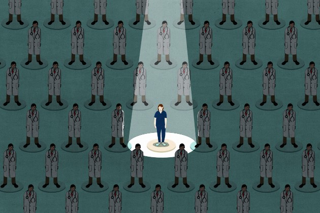 Illustration of a nurse in the spotlight surrounded by doctors