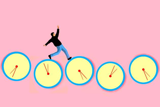 Graphic of person balancing on clocks