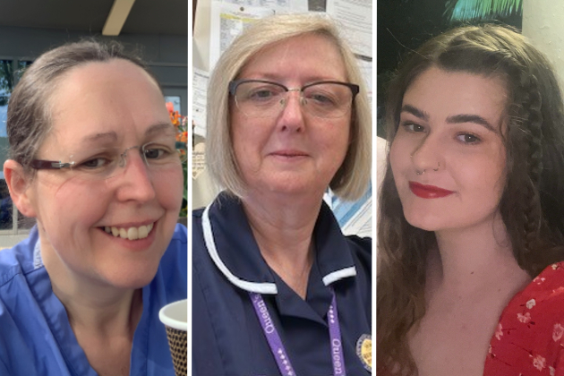 A composite image shows three nurses, all looking into the camera: Lisa, Alison and Georgia. Lisa is in her nursing uniform on a break, she is wearing glasses, smiling and holding a cup of coffee. Alison is also wearing her nursing uniform. A lanyard can be seen around her neck. Georgia is seen out of work. She has long, dark brown hair and a red top.