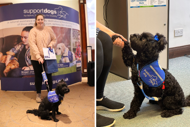 A composite image shows two pictures: on the left, Caroline with her support dog Luna. Luna is a Springerpoo breed, a small black dog with curly hair. Caroline is holding Luna's lead while standing and smiling at the camera. Caroline is wearing a beige knitted jumper and black trousers, standing in front of a sign promoting the charity Support Dogs. The right-hand image shows a close-up of Luna shaking hands with a person.