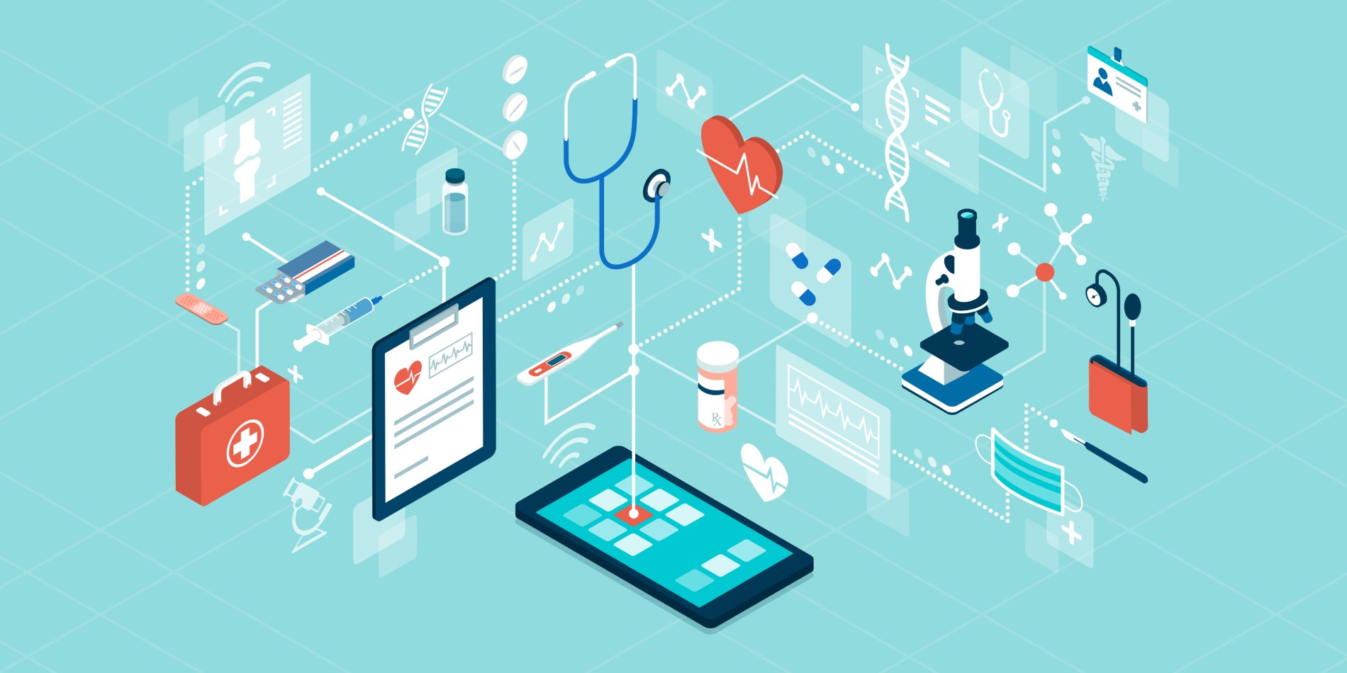 Illustration shows medical items including syringe, stethoscope, medications and X-ray connected by lines representing digital technology