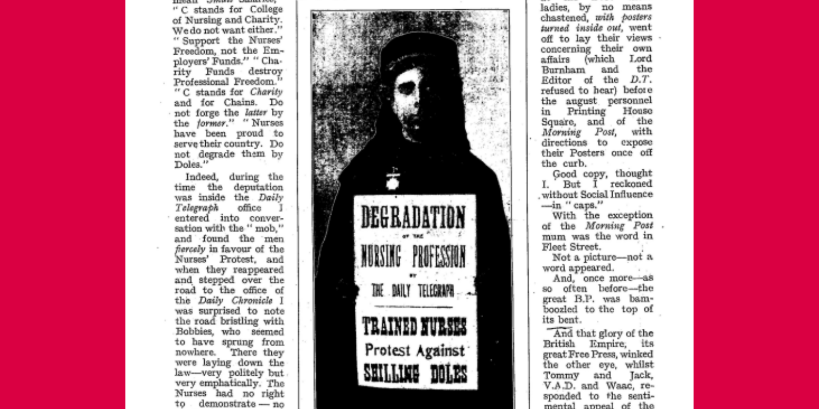 A newspaper clipping shows a Victorian nurse holding a protest sign reading "Degradation of the nursing profession by The Daily Telegraph. Trained nurses protest against shilling doles".