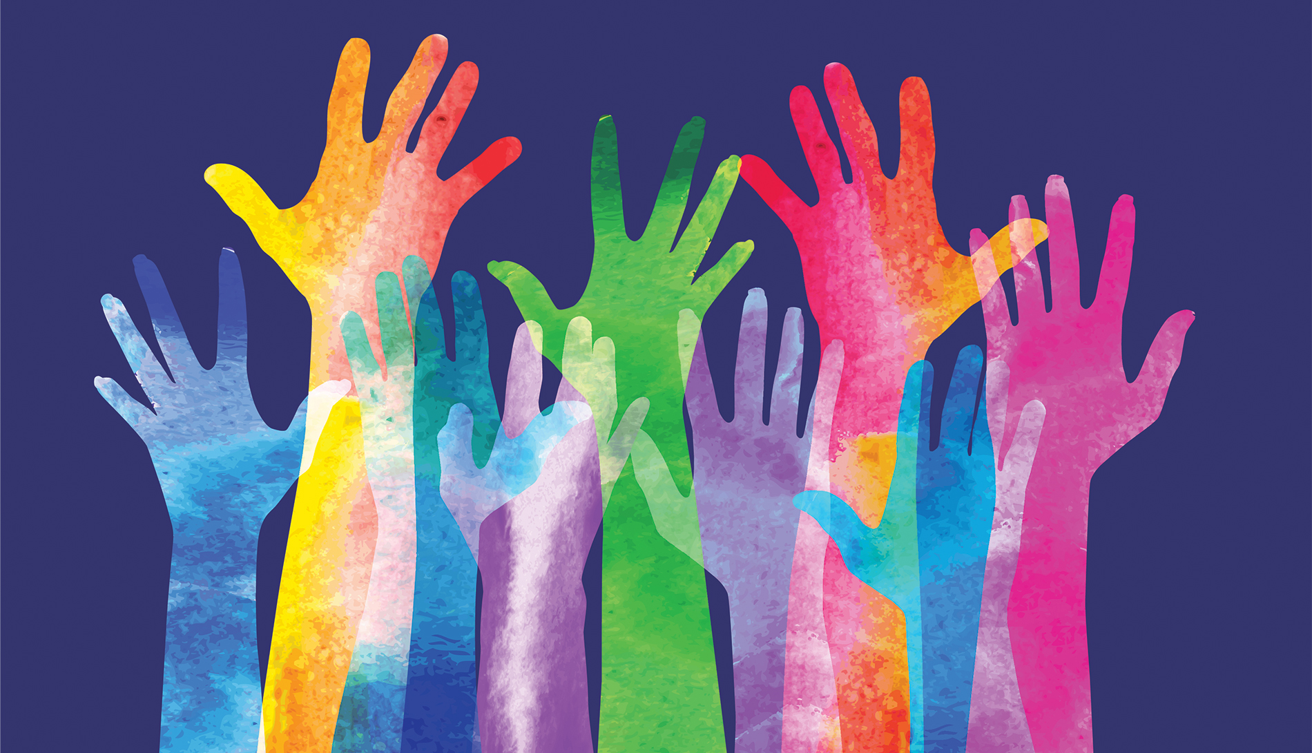 Illustration of different colour hands up in the air