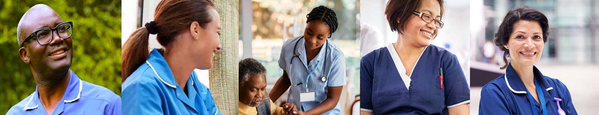 A top banner showing various male and female nurses working in independent health and social care