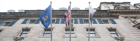 the RCN building with flags on the front